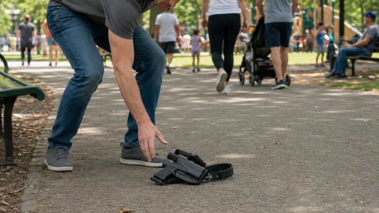 Concealed Carrier’s Holster Failed in a Busy Park — Then He Picked Up the Whole Rig and Walked Away Before Anyone Noticed