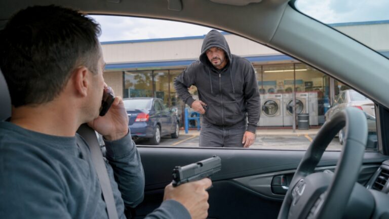 Driver says a stranger blocked his car at a laundromat and kept reaching into his pocket — so he drew and called 911