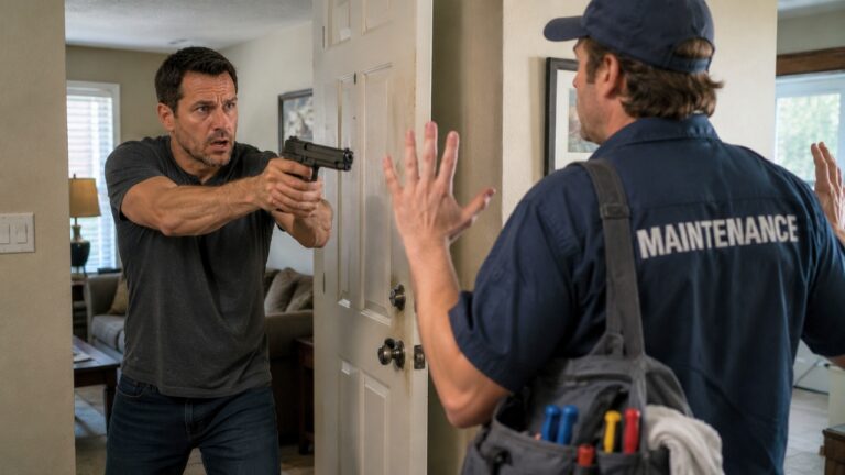 Carrier says an unannounced maintenance entry made him draw his gun — and he only realized who they were after shouting at them to leave