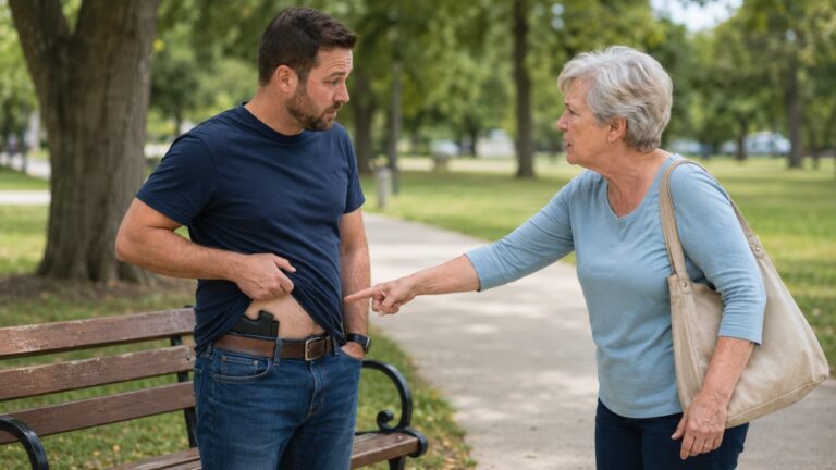 Carrier says an older woman spotted his IWB holster at the park — and then demanded to see his carry license on the spot