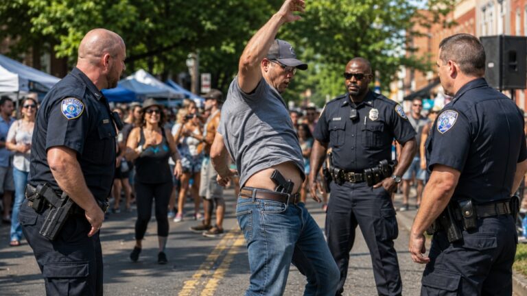Carrier says a street dance turned ugly when his shirt flew up mid-swing — and police suddenly surrounded him with hands on their holsters