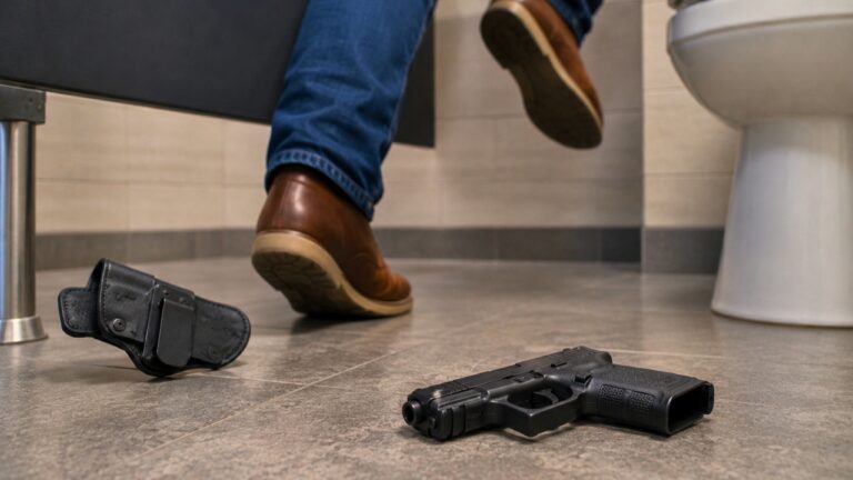 Carrier says a bathroom rush flipped his holster upside down — and his gun slammed off the wall, the toilet, and the floor before he could stop it