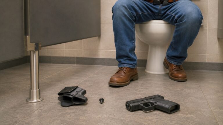 Gun owner says a loose holster screw nearly turned a bathroom break at work into a self-inflicted shooting — and he blamed complacency, not the gun