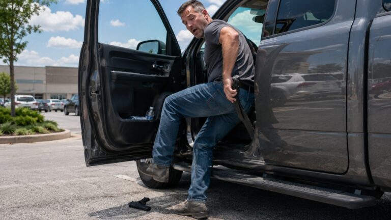 Gun owner says his pistol fell out while he was climbing into a vehicle — and one bad snag sent it clattering onto the pavement in broad daylight
