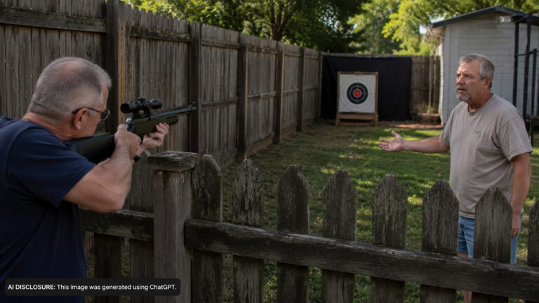 Neighbor Sets Up a Pellet Gun Target Range Against the Shared Fence — But the Rounds Pass Through and Land in the Adjacent Yard