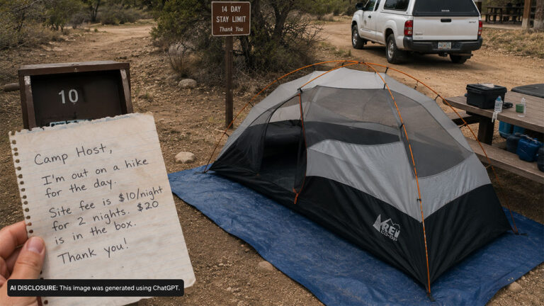 A Texas Camper Leaves a Note Promising to Pay for His Public Land Site — Then the Camp Host Steals His $1,000 Tent