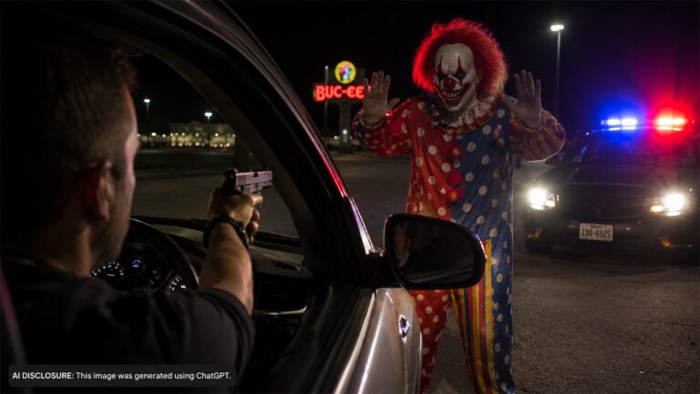 A Texas Driver Pulls a Gun on a Man in a Monster Clown Costume Charging His Car at Midnight — Then the Clown Calls Police